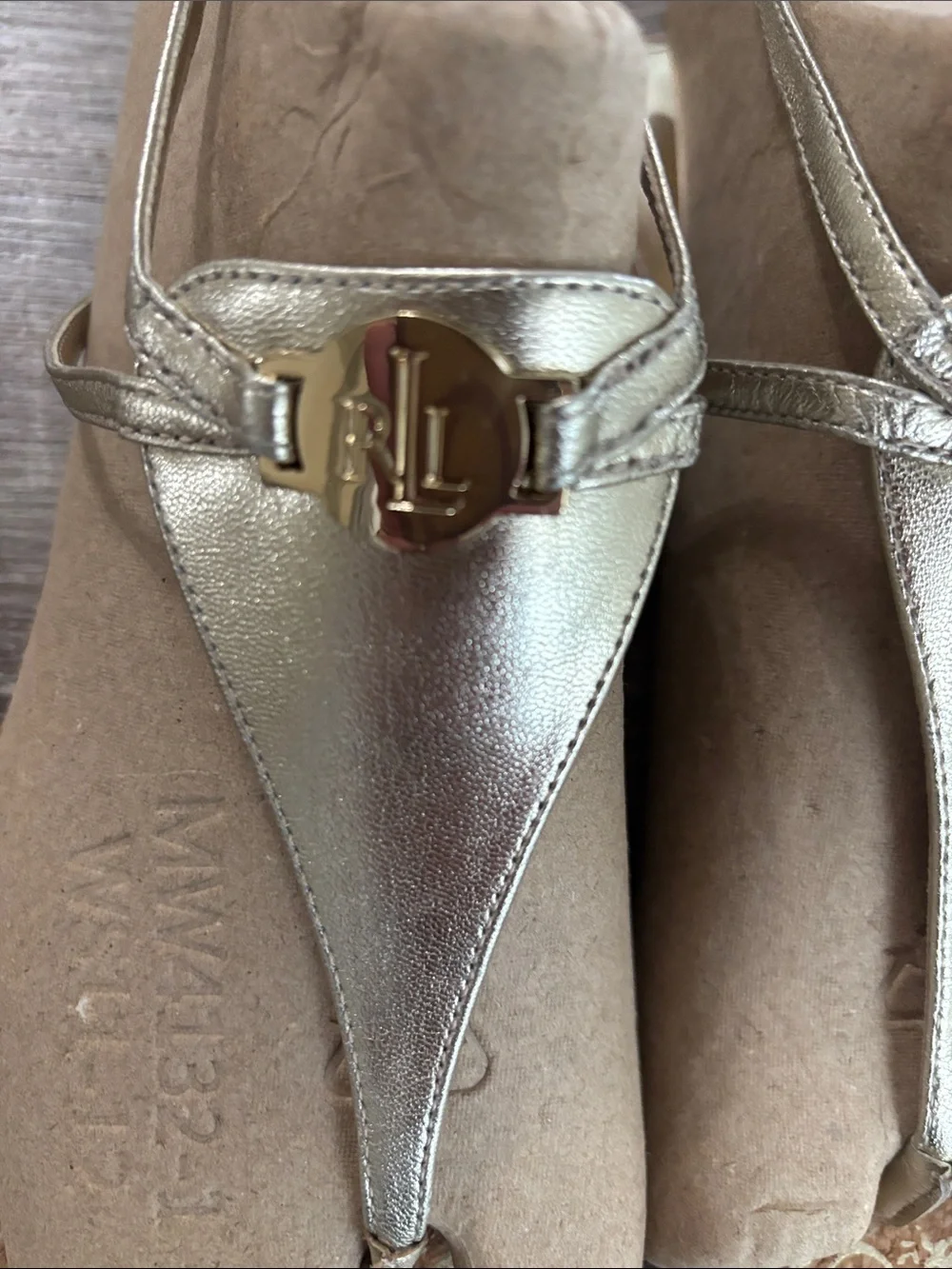 Ralph Lauren Metallic Gold Leather Slingback Thong Sandals size 10